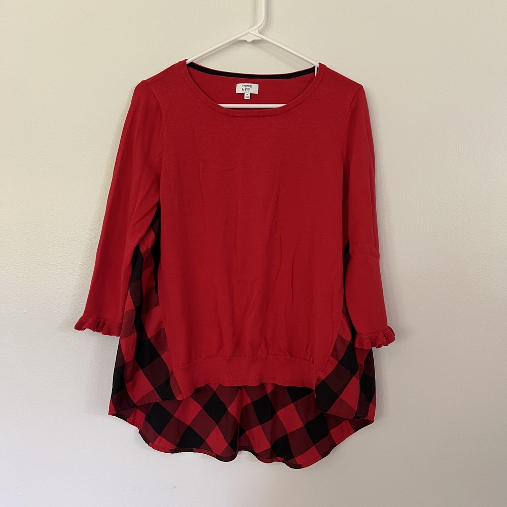 Crown & Ivy Shirt Medium Red Buffalo Check Layered Long Sleeve Ruffle Preppy